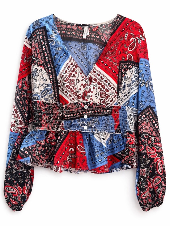 Live 4 Truth Tops - Live 4 Truth Blouse 1X Boho Floral Patchwork Smocked Peplum V Neck Spring Top